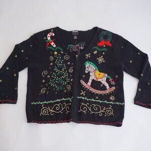 Vintage Designer Studio Black Beaded Christmas Candy Cane Zip Cardigan Cotton 1X